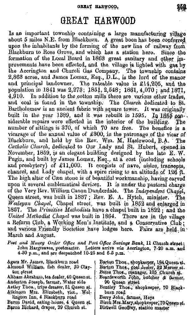 Barrett's Directory 1878 Great Harwood History