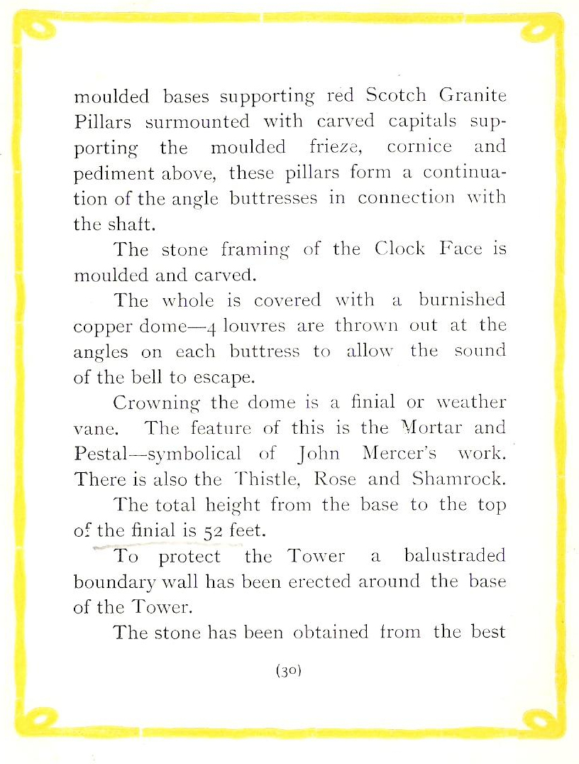 Text from a booklet describing the mortar and pestle on the Mercer Clock Tower.