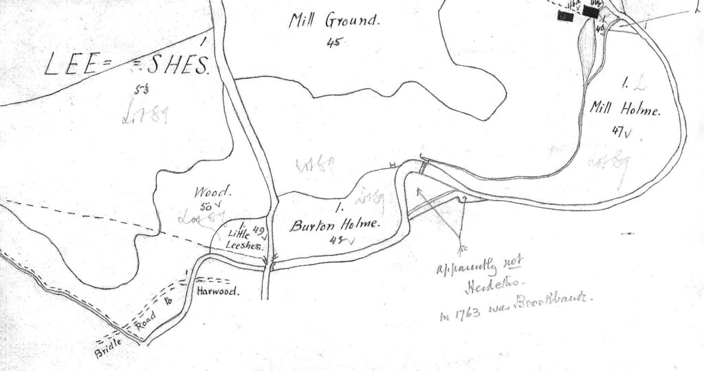 Plan dated 1763 showing land to the north of the Hyndburn with the Leashes and Burton Holme.