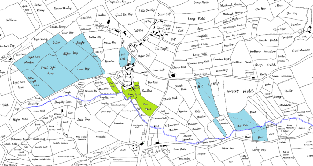 Plan of 1763 with lands later farmed by the Smith family highlighted.