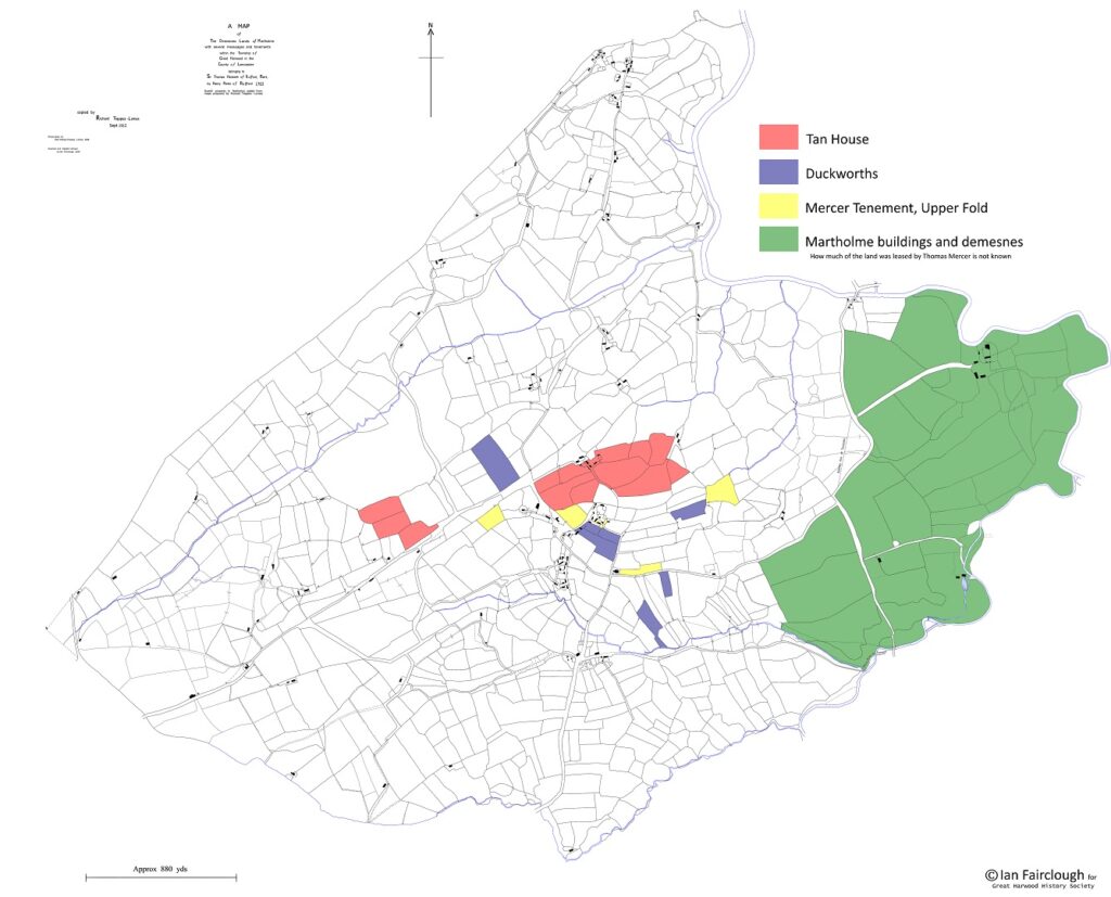 Plan of Great Harwood showing extent of lands farmed by Mercer family of Tan House.