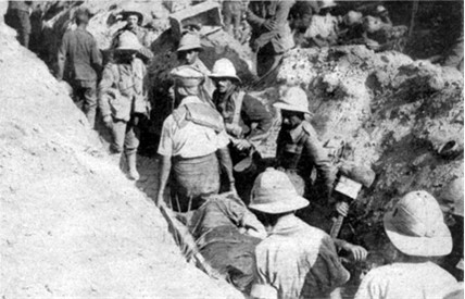 RAMC stretcher bearers in a trench