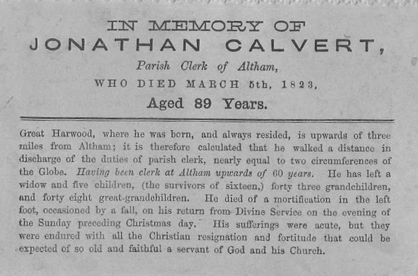Memorial card for Jonathan Calvert 1823